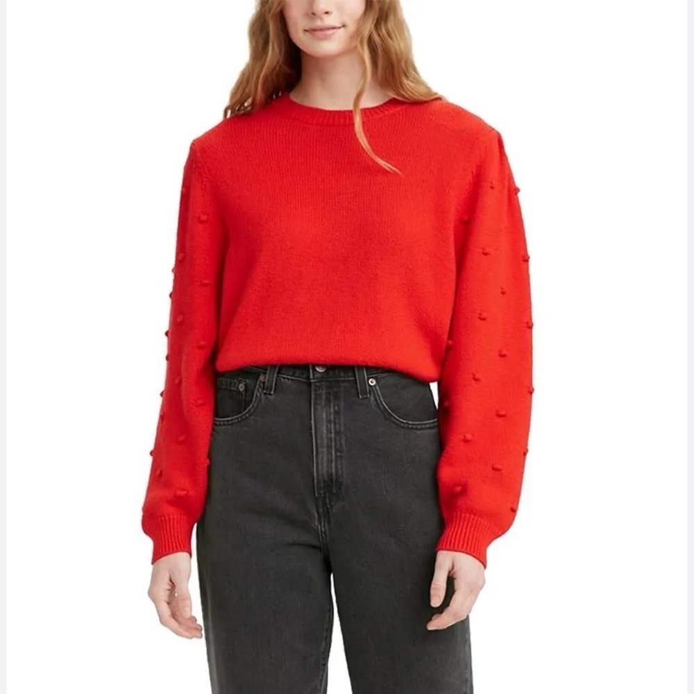 LEVIS Red Pom Pom Popcorn Knit Long Sleeve Sleeve Crewneck Cropped Sweater